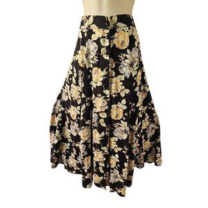 Vintage Blue 80s Full Circle Midi Skirt Jr Sz 7 Black Yellow Floral Button Front